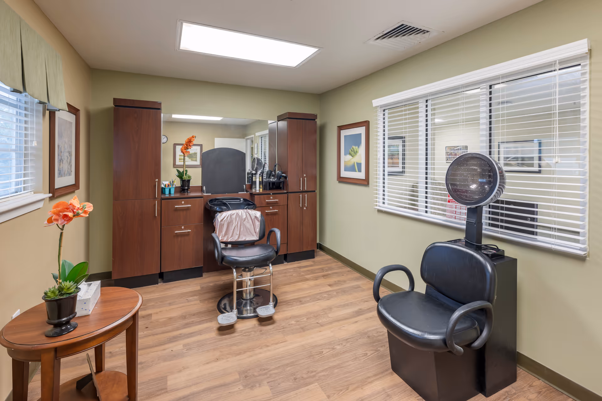 Interior salon room with two styling chairs, wooden cabinets, a hooded hair dryer, and a small side table with a plant.