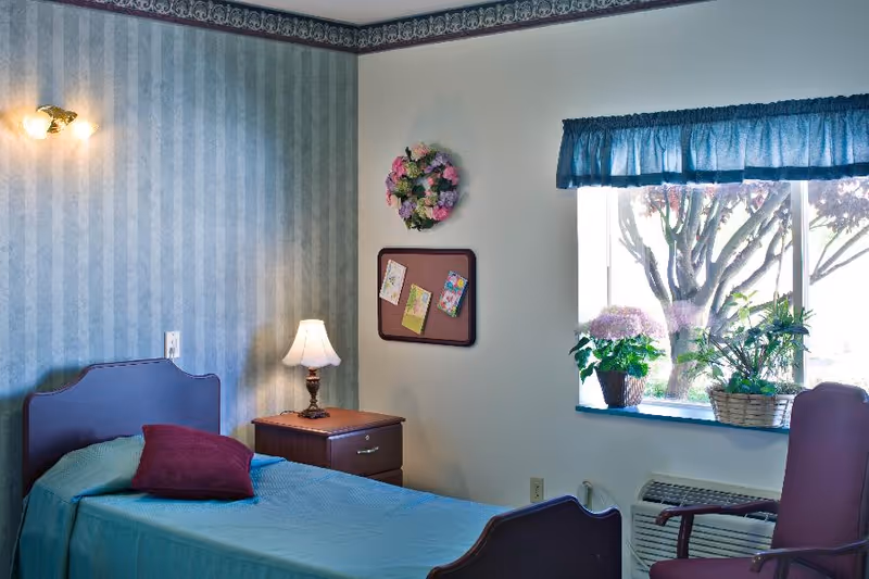 A tidy single bedroom with a bed, nightstand and lamp, a window with potted plants and a chair.