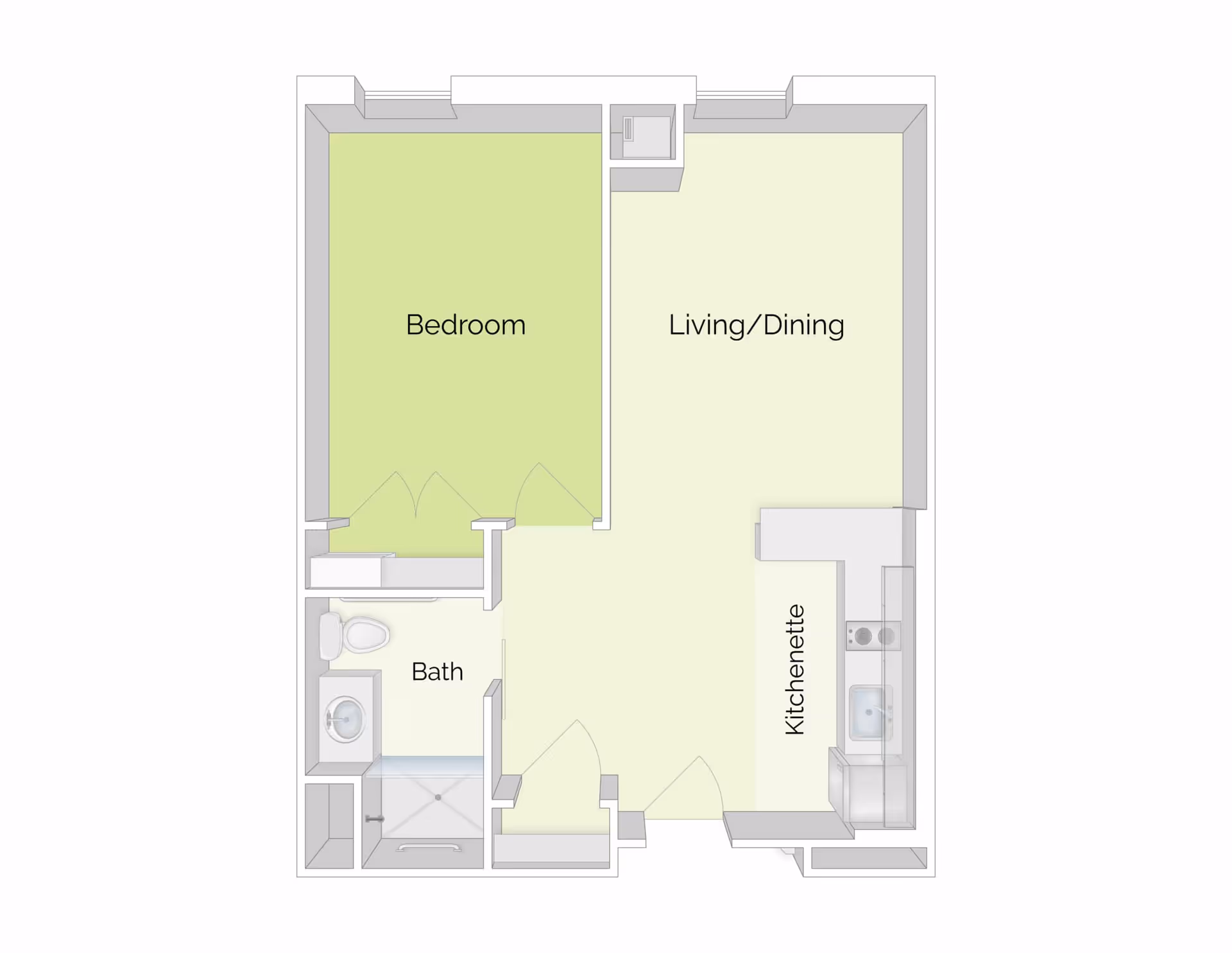 Floor plan of a senior living unit at The Residence at Westport showing a bedroom, a combined living and dining area, a kitchenette, and a bathroom with a shower, toilet, and sink.