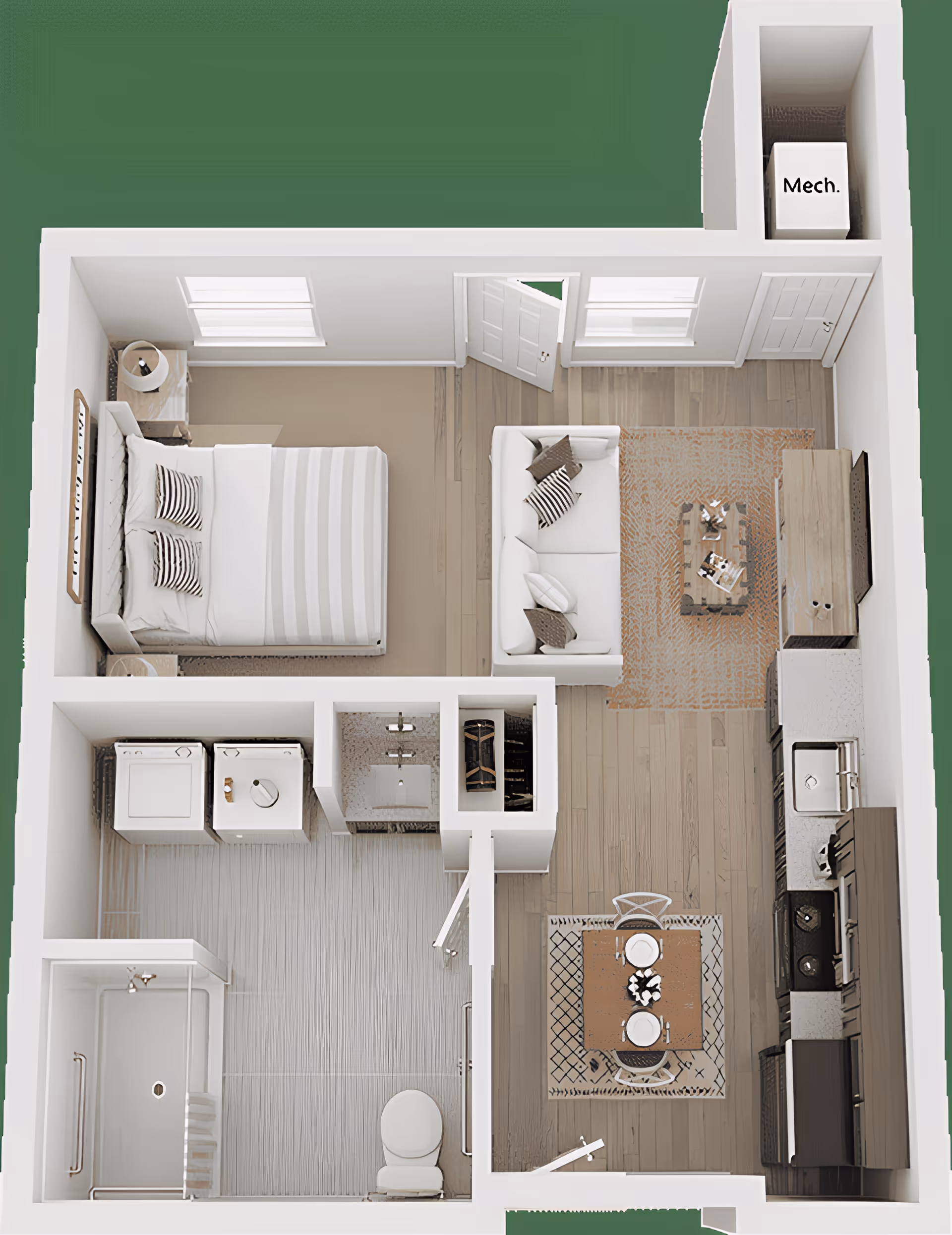Top-down view of a one-bedroom apartment floor plan showing a bedroom with a bed and nightstands, a living room with a sofa and coffee table, a kitchen with appliances and dining table, a bathroom with a shower, toilet, and sink, and a laundry area with washer and dryer. There is also a small mechanical room labeled 'Mech.'