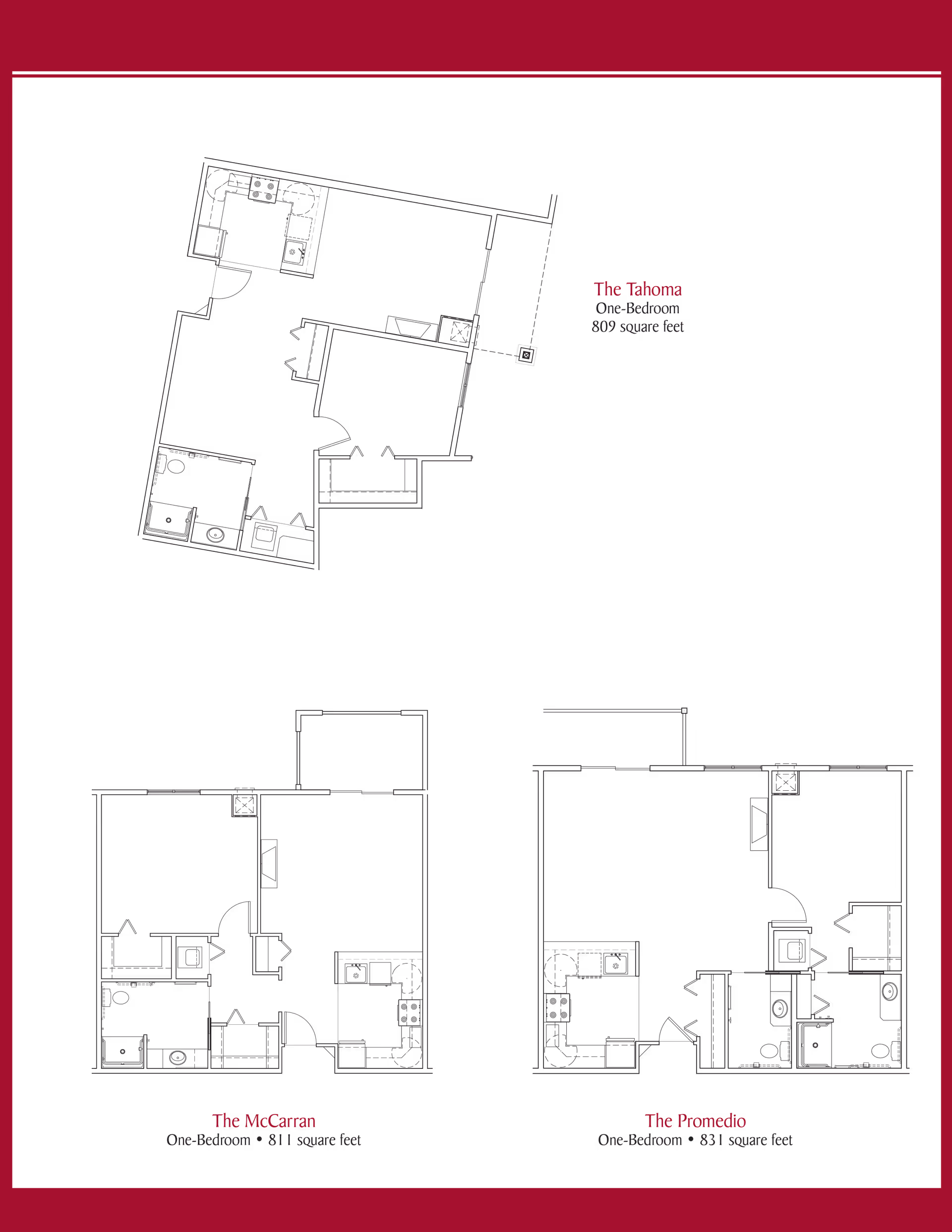 Architectural floor plans for three one-bedroom apartment layouts named The Tahoma (809 square feet), The McCarran (811 square feet), and The Promedio (831 square feet) displayed on a dark background with a red border.