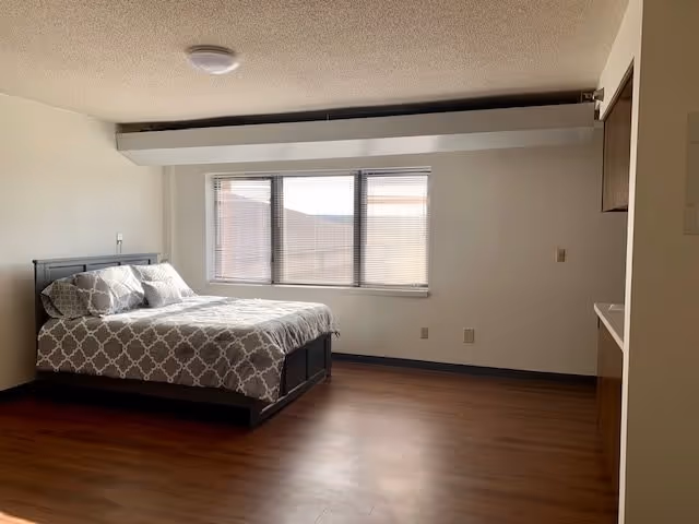 A simple bedroom with a bed against the left wall, covered with a gray and white patterned bedspread and pillows. There is a large window with blinds on the far wall letting in natural light. The floor is wooden, and the walls are painted white. On the right side, there is a small kitchenette area with cabinets and a countertop.