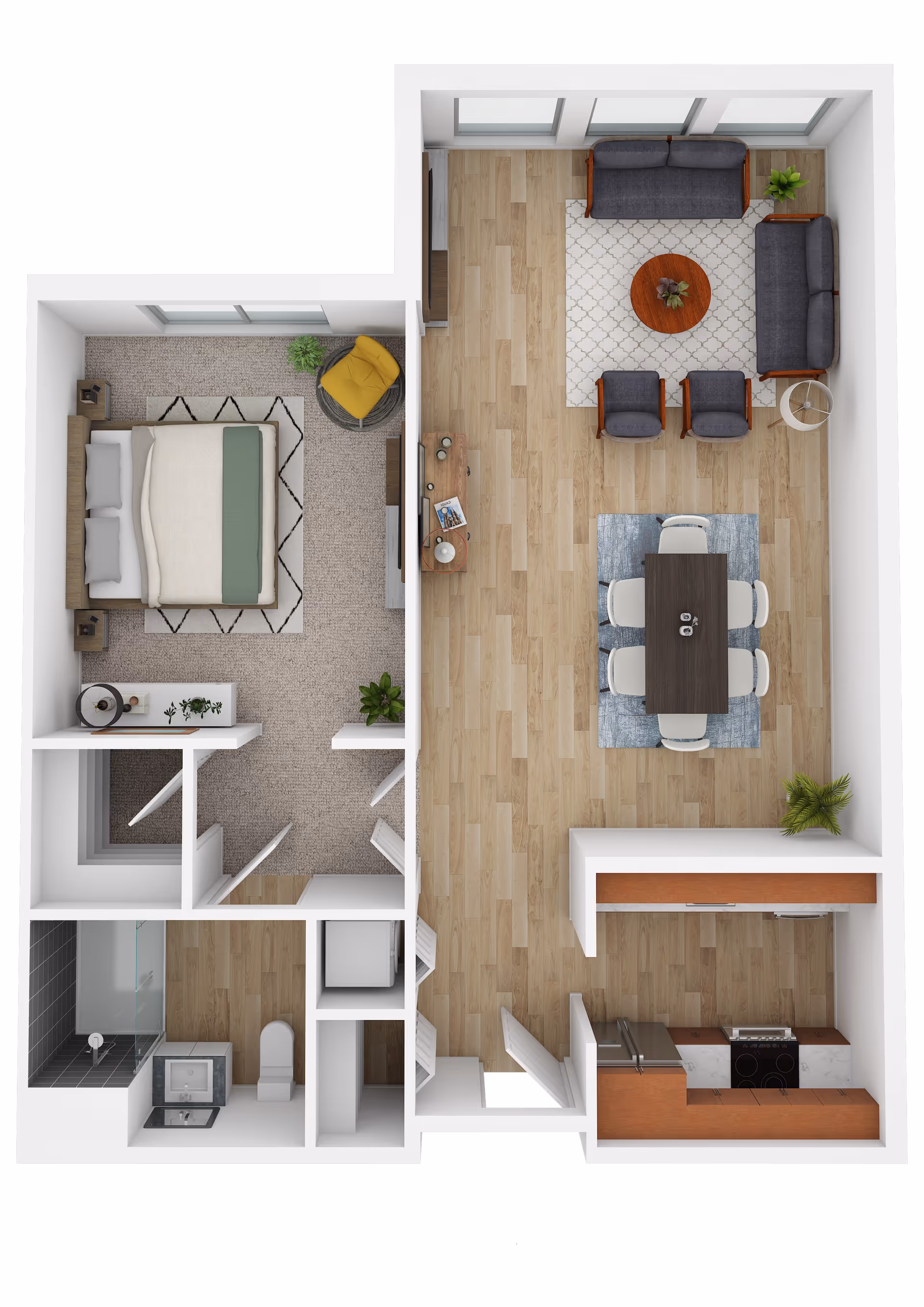 Top-down view of a one-bedroom apartment floor plan featuring a bedroom with a bed, nightstands, a yellow chair, and plants; a bathroom with a shower, toilet, and sink; a kitchen with appliances and cabinetry; and a living and dining area with sofas, chairs, a coffee table, a dining table with six chairs, and plants.