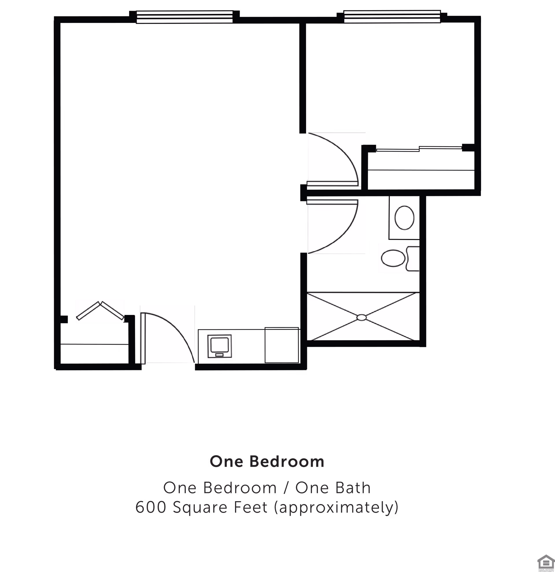 Floor plan of a one-bedroom, one-bath apartment approximately 600 square feet, showing layout of rooms including bedroom, bathroom, and living area.