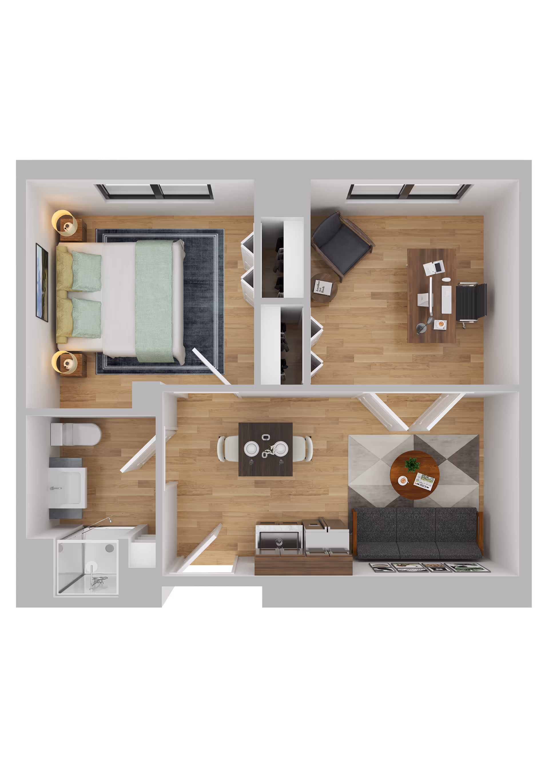 Top-down view of a one-bedroom apartment floor plan featuring a bedroom with a bed and nightstands, a bathroom with a shower, toilet, and sink, a dining area with a table and two chairs, a kitchen with a sink and cabinets, a living room with a sofa and coffee table, and an office space with a desk, chair, and armchair.