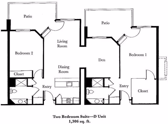 Floor plan of a two-bedroom suite labeled D Unit with 1,306 square feet. The layout includes two bedrooms, two bathrooms, a living room, dining room, den, kitchen area, closets, entryways, and patios.