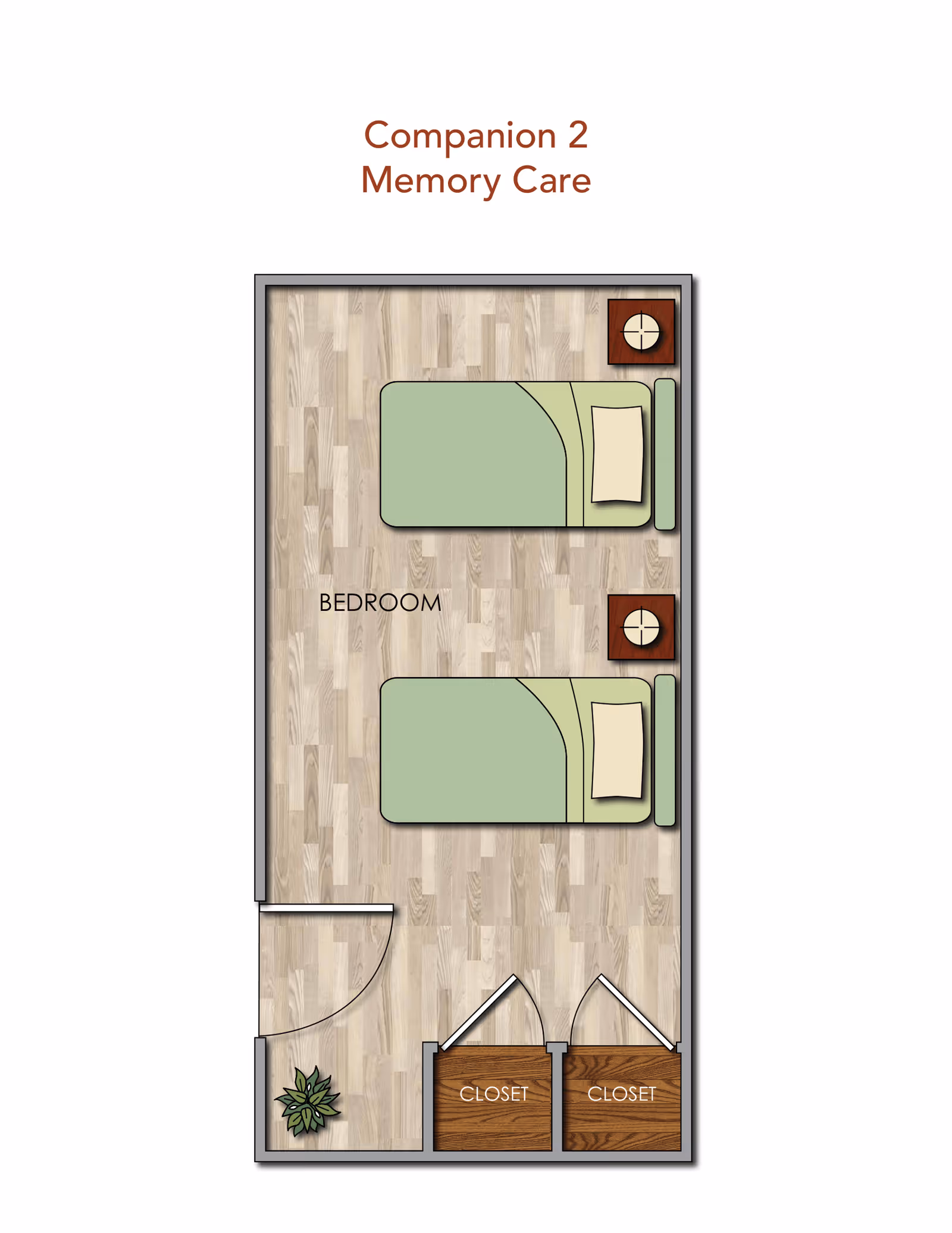 Floor plan titled 'Companion 2 Memory Care' showing a bedroom with two single beds, each with a nightstand beside it. The room has two closets near the entrance and a small plant by the door.