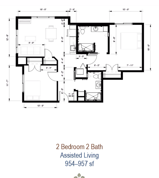 Architectural floor plan of a 2 bedroom, 2 bathroom assisted living unit measuring 954-957 square feet. The layout includes a living room with sofa and TV, a dining area with table and chairs, two bedrooms with beds, and two bathrooms. Dimensions of each room and furniture placement are indicated.