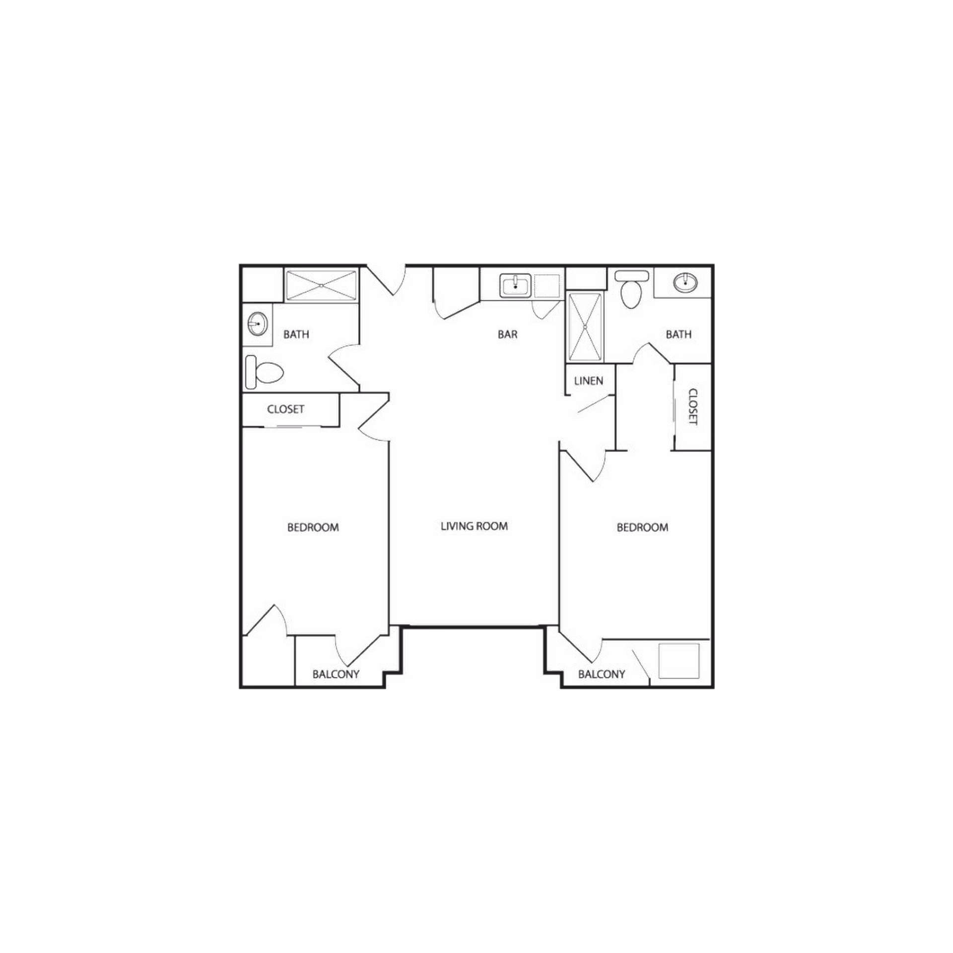 Architectural floor plan of an apartment layout showing two bedrooms, two bathrooms, a living room, a bar area, closets, linen storage, and two balconies.