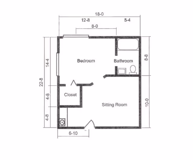 Architectural floor plan showing a layout with a bedroom, bathroom, closet, and sitting room with dimensions labeled.