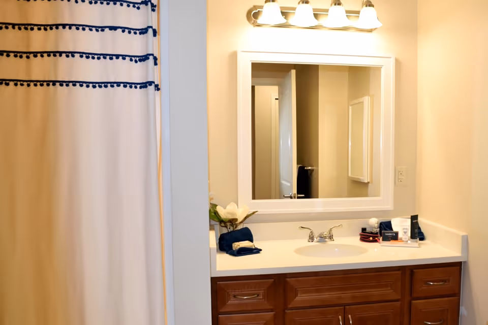 Bathroom vanity with a white countertop, a sink with a silver faucet, a large rectangular mirror above, and a light fixture with five bulbs. To the left, a shower curtain with blue decorative trim is partially visible. The vanity has wooden cabinets and drawers, and there are some toiletries and a flower decoration on the countertop.