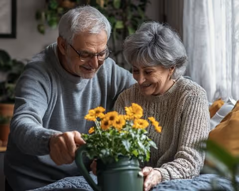 An elderly couple sitting closely together indoors, smiling and holding a green watering can with yellow flowers, surrounded by cozy home decor and natural light from a window.