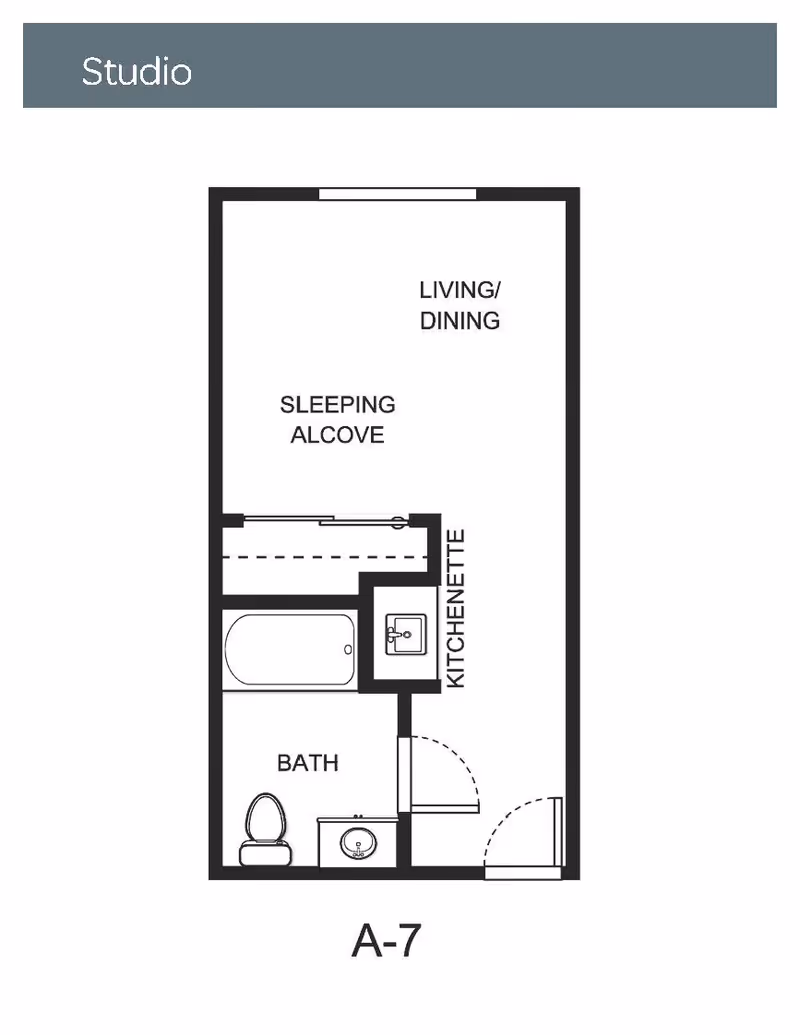Floor plan of a studio apartment labeled A-7 showing a living/dining area, sleeping alcove, kitchenette, and a bathroom with a bathtub, toilet, and sink.
