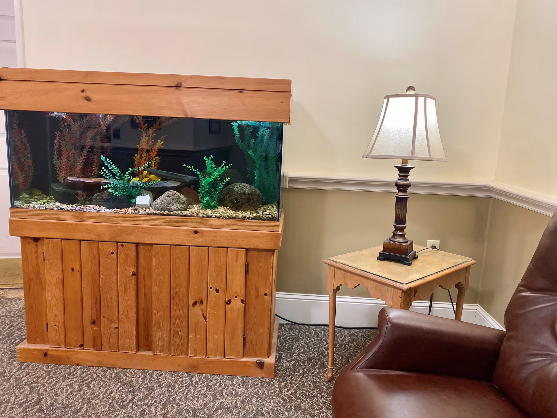 A corner of a room featuring a large wooden fish tank with colorful artificial plants and rocks inside. Next to the fish tank is a small wooden side table with a classic table lamp on it. Part of a brown leather armchair is visible on the right side. The room has beige walls with white trim and patterned carpet flooring.