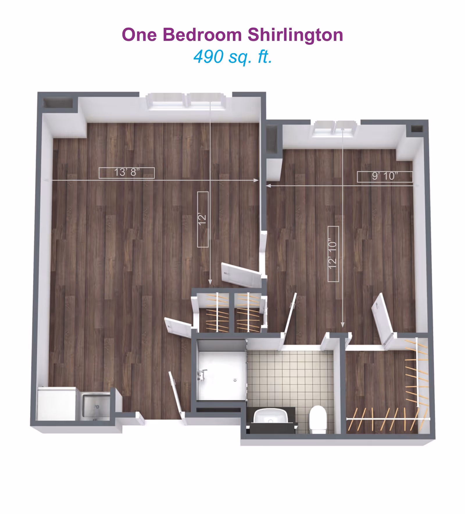 3D floor plan of a one-bedroom apartment named Shirlington with a total area of 490 square feet. The layout includes a large living area measuring 13 feet 8 inches by 12 feet, a bedroom measuring 9 feet 10 inches by 12 feet 10 inches, a bathroom with a bathtub, toilet, and sink, and a small kitchen area with a sink. There are closets near the bedroom and bathroom. The flooring is dark wood in the living and bedroom areas and tiled in the bathroom.