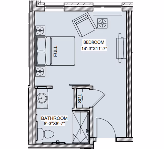 Floor plan showing a bedroom with a full bed, adjacent bathroom, closet, and entry door.