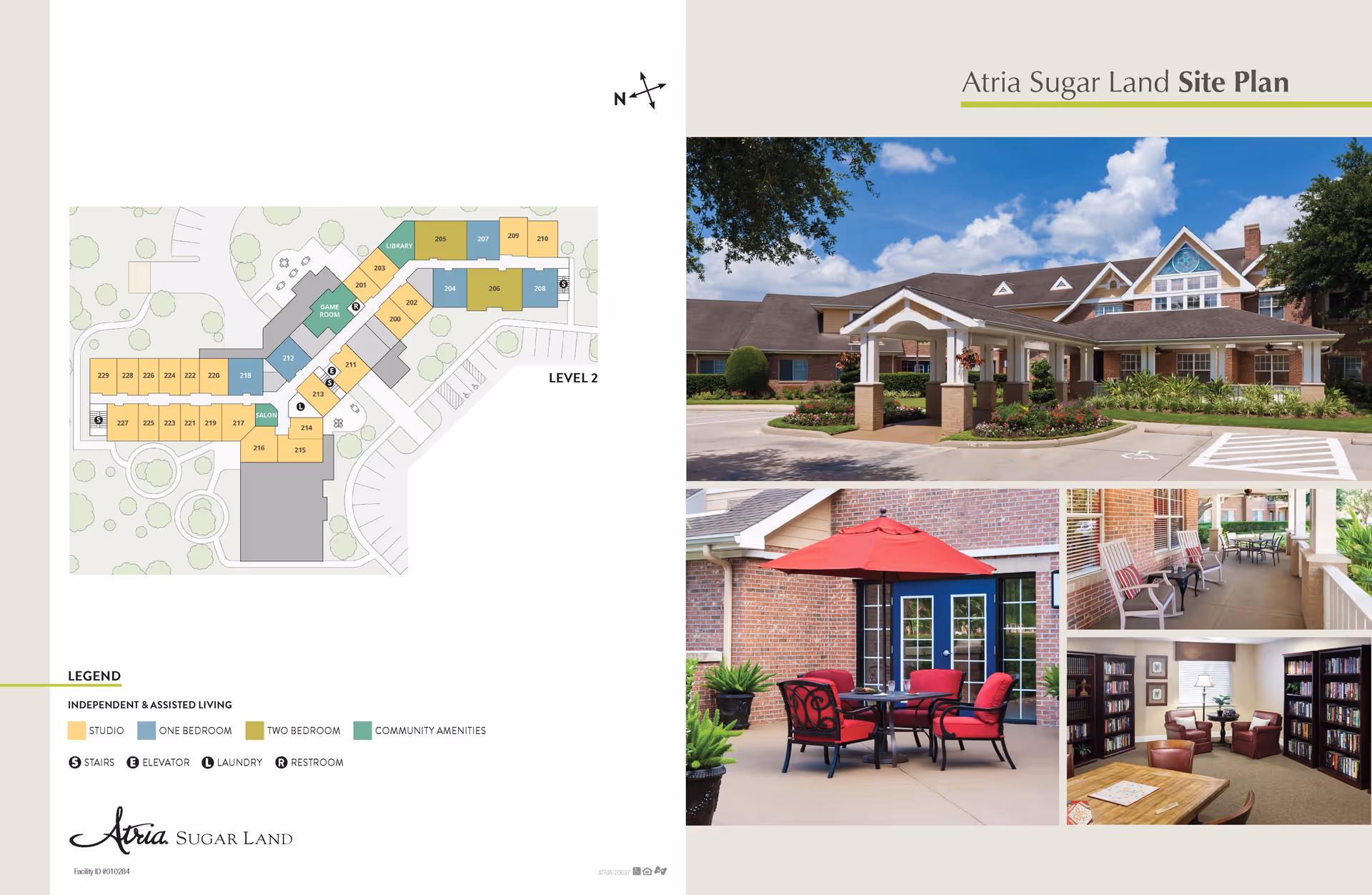 Site plan of Atria Sugar Land showing layout of independent and assisted living units including studios, one-bedroom, and two-bedroom apartments, along with community amenities like a library, game room, salon, stairs, elevator, laundry, and restrooms. Accompanying photos show the exterior front entrance of the facility with a covered drop-off area, an outdoor patio with red cushioned chairs and a red umbrella, a porch with seating, and an indoor library or reading room with bookshelves and comfortable chairs.