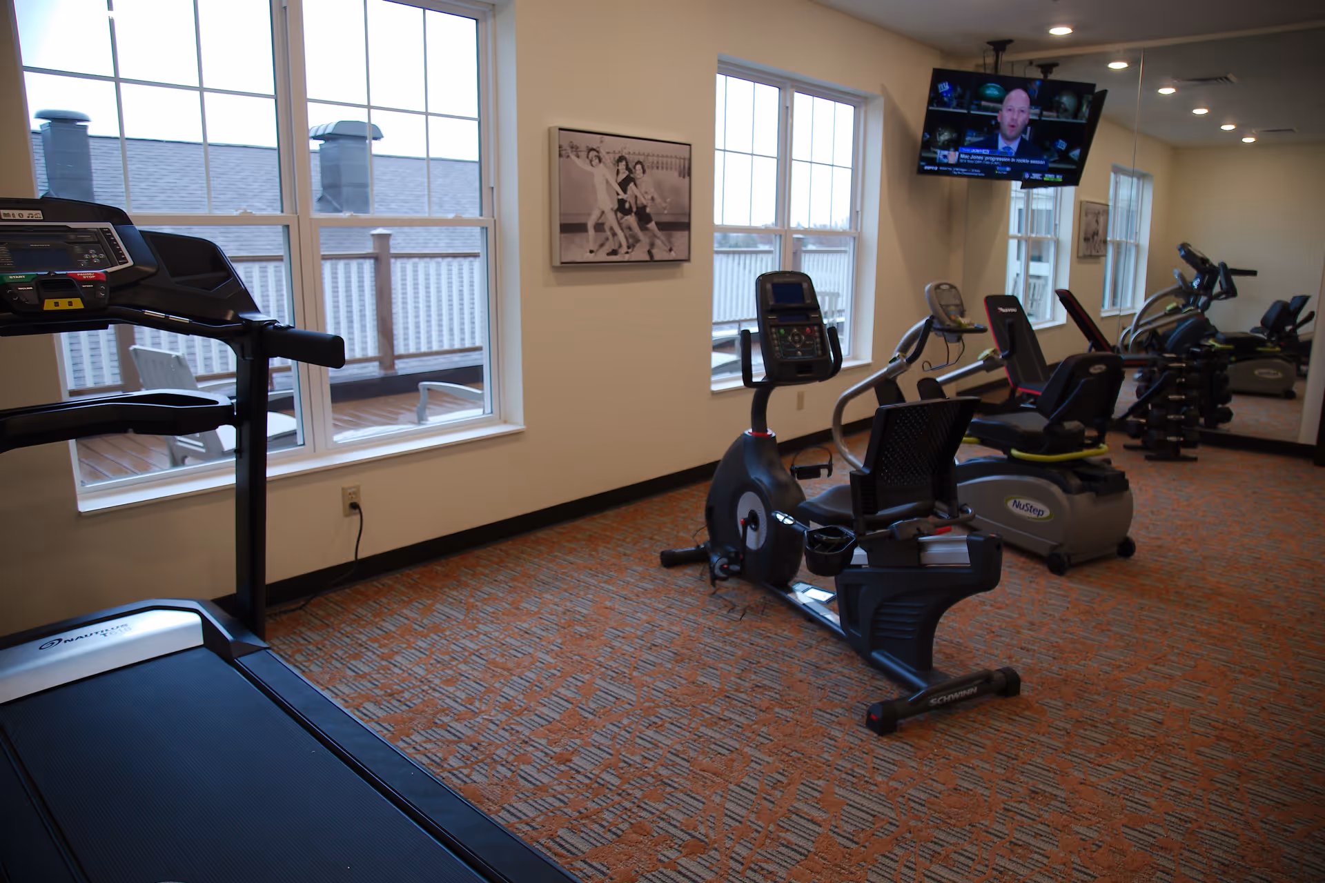 Exercise room with various fitness equipment including a treadmill, stationary bikes, and elliptical machines. The room has large windows letting in natural light, a mounted TV on the wall, and a framed black and white photo. The floor is carpeted with a patterned design.