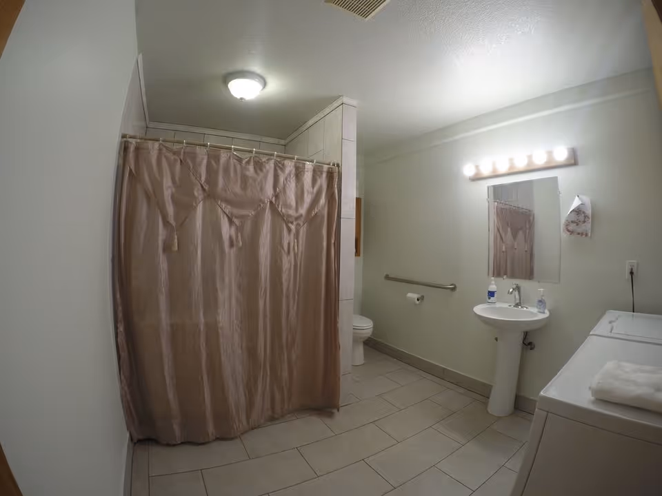 A spacious bathroom with a shower and pink curtain, toilet, pedestal sink with mirror and lights, grab bar, and a washer/dryer.