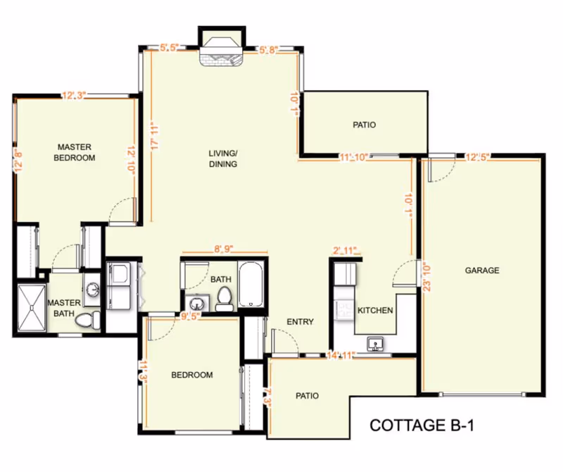 Floor plan of Cottage B-1 at Graceland Gardens showing layout with master bedroom, master bath, second bedroom, bath, living/dining area, kitchen, two patios, and garage with dimensions.