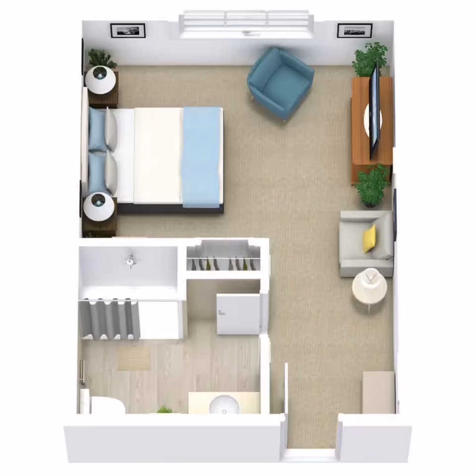Top-down floor plan of a senior living facility room at Seaton Springwood featuring a bedroom area with a bed, two nightstands with lamps, a sitting area with two chairs and a TV on a stand, a closet, and a bathroom with a shower, toilet, and sink.