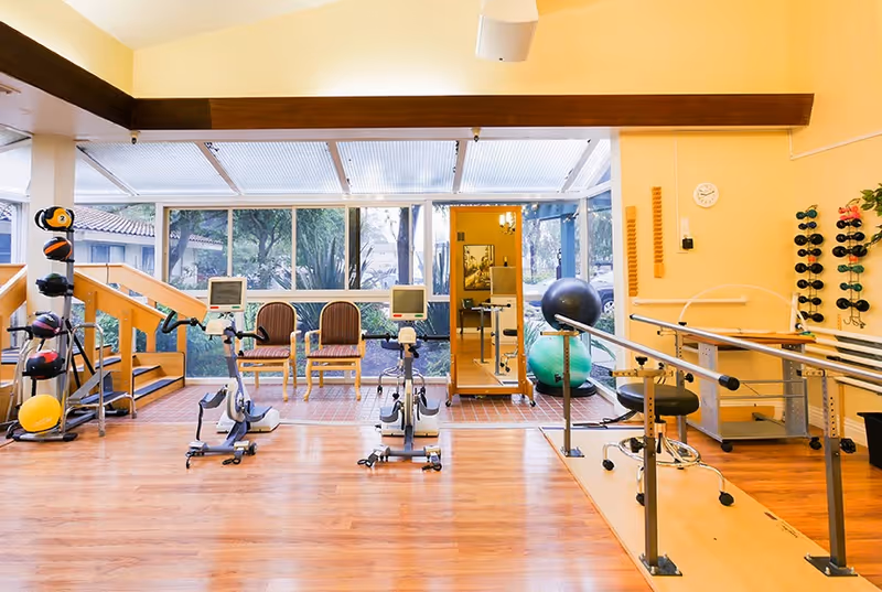 A bright exercise room with wooden flooring and large windows showing outdoor greenery. The room contains stationary exercise bikes, various exercise balls, dumbbells on racks, and parallel bars for physical therapy or rehabilitation. Two chairs are placed near the windows, and a mirror is mounted on the wall.
