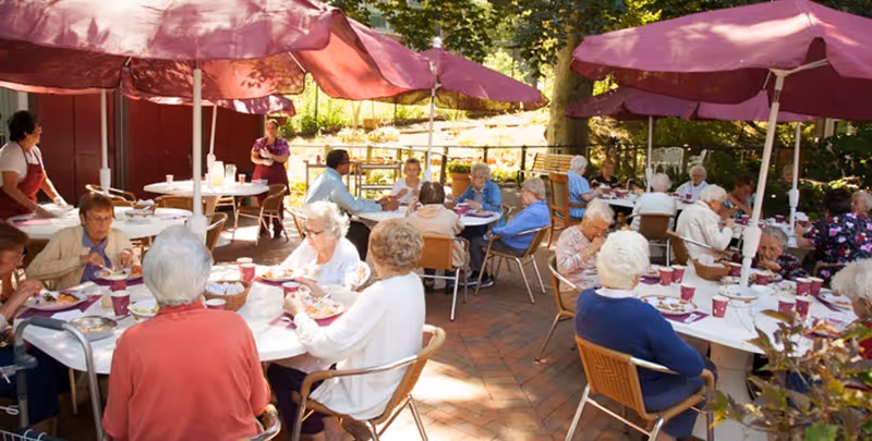 A group of elderly people sitting at round tables with purple umbrellas outdoors, enjoying a meal together in a garden patio setting with trees and greenery in the background.