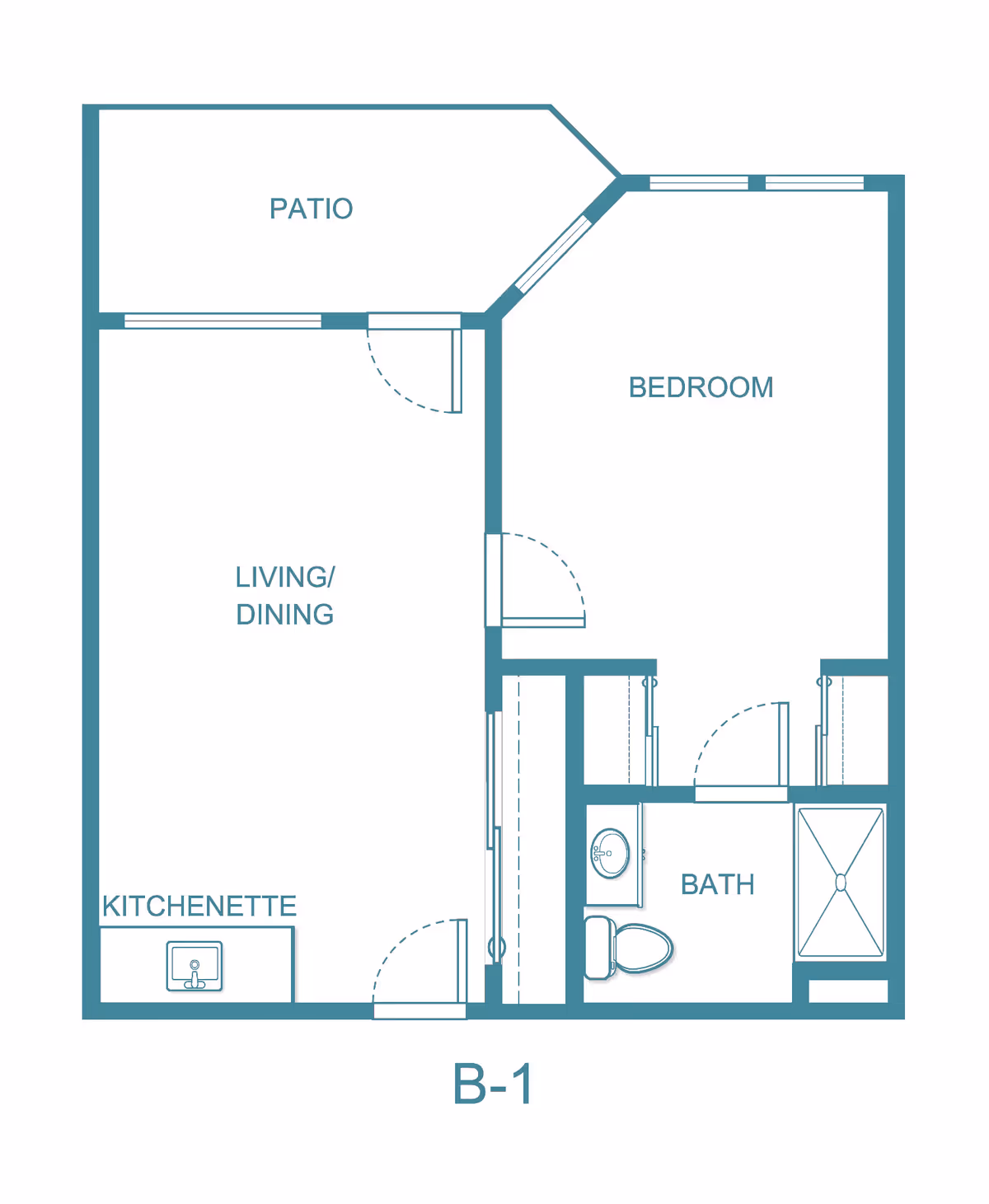 Floor plan diagram labeled B-1 showing a one-bedroom layout with living/dining area, kitchenette, bath, and patio.