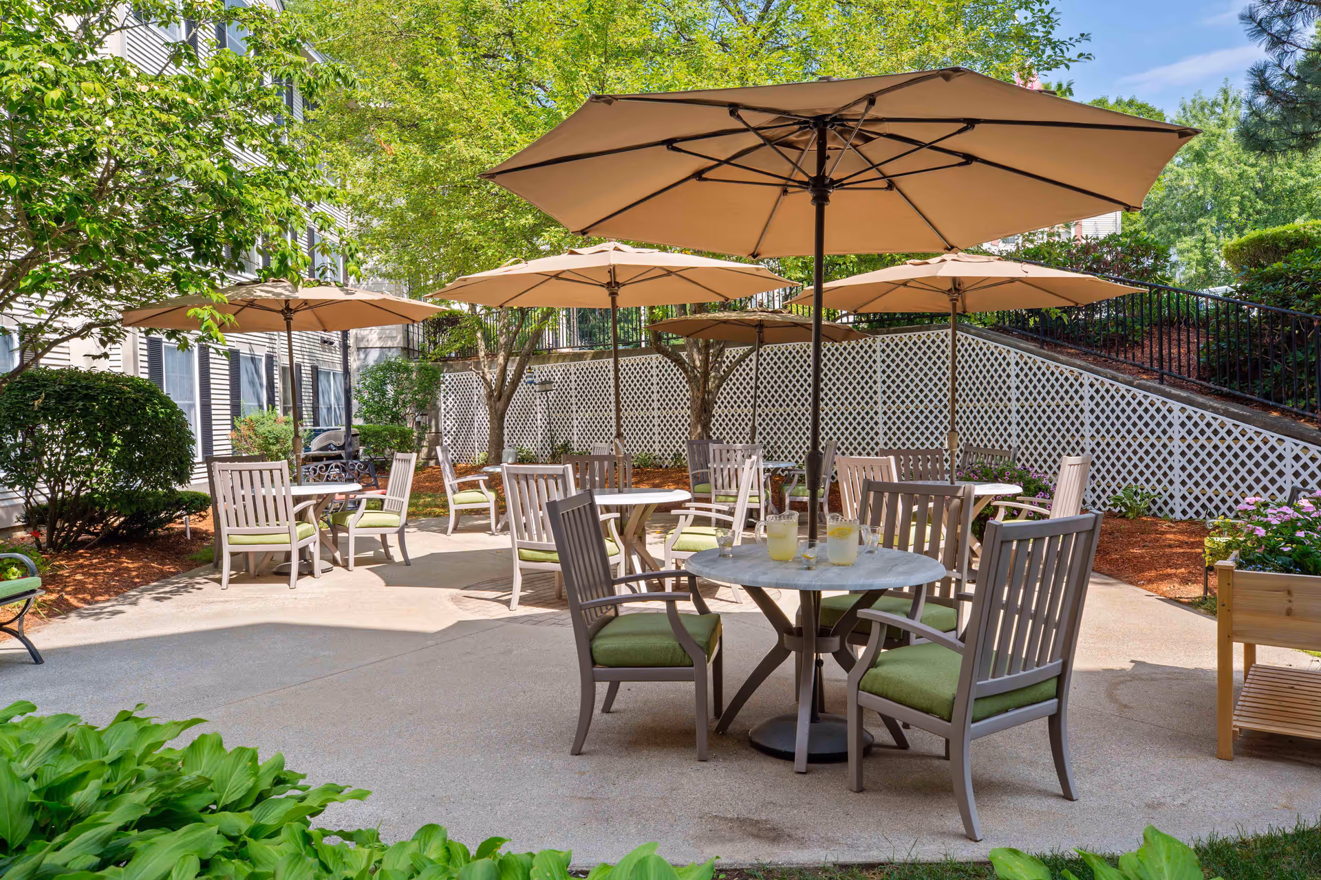 Outdoor patio area with multiple round tables and chairs, each table shaded by large beige umbrellas. The patio is surrounded by greenery, including bushes, trees, and a white lattice fence in the background. There are glasses of lemonade on the table in the foreground.