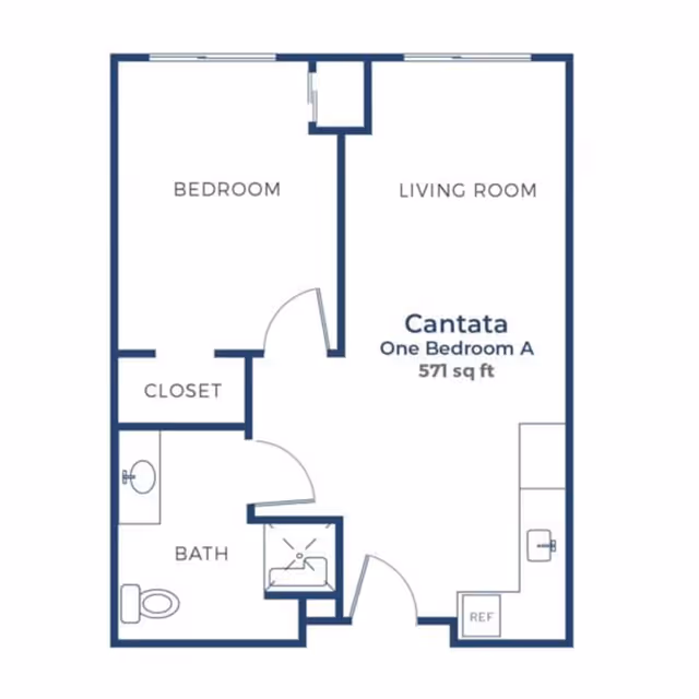 Blueprint-style floor plan labeled 'Cantata One Bedroom A 571 sq ft' showing a bedroom, living room, closet, bathroom, and kitchenette.