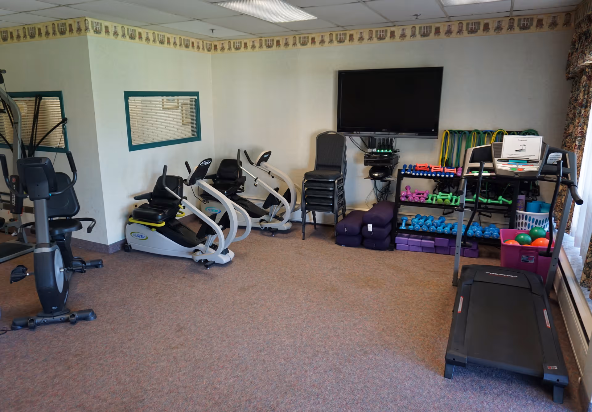 Small exercise room with recumbent bikes, treadmill, free weights, exercise mats and a wall-mounted TV.
