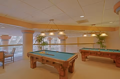 Interior view of a recreational room with two pool tables, overhead lighting fixtures, large windows, and potted plants. There are also chairs and a table near the windows.