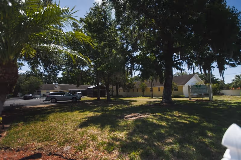 Exterior view of Angels Senior Living at North Tampa facility showing a single-story yellow building partially obscured by large trees and a grassy lawn in the foreground. Several cars are parked near the building under a clear blue sky.