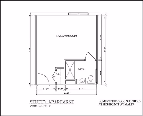 Architectural floor plan of a studio apartment at Home of the Good Shepherd at Highpointe at Malta, showing a combined living and bedroom area, a bathroom with a shower, toilet, and sink, and a small closet near the entrance.