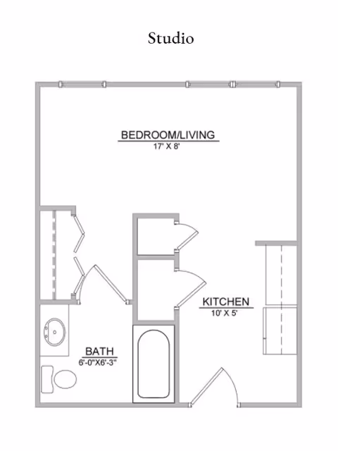 Floor plan of a studio apartment at Cedar Hill Senior Living showing a combined bedroom and living area measuring 17 feet by 8 feet, a kitchen area measuring 10 feet by 5 feet, and a bathroom measuring 6 feet by 6 feet 3 inches with a toilet, sink, and bathtub.