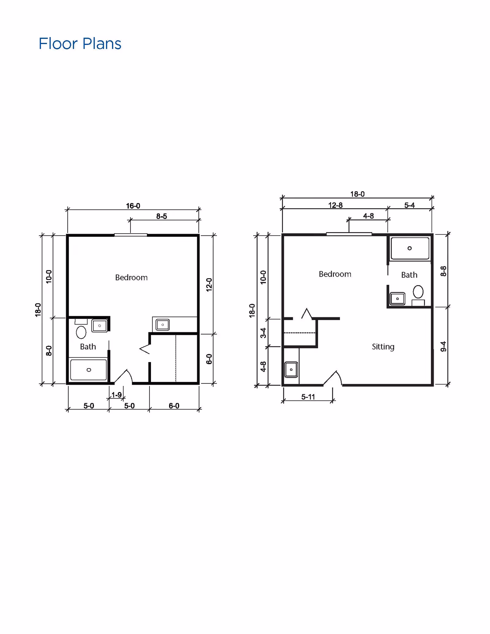 Two architectural floor plans showing layouts for rooms labeled Bedroom, Bath, and Sitting areas with dimensions in feet and inches.