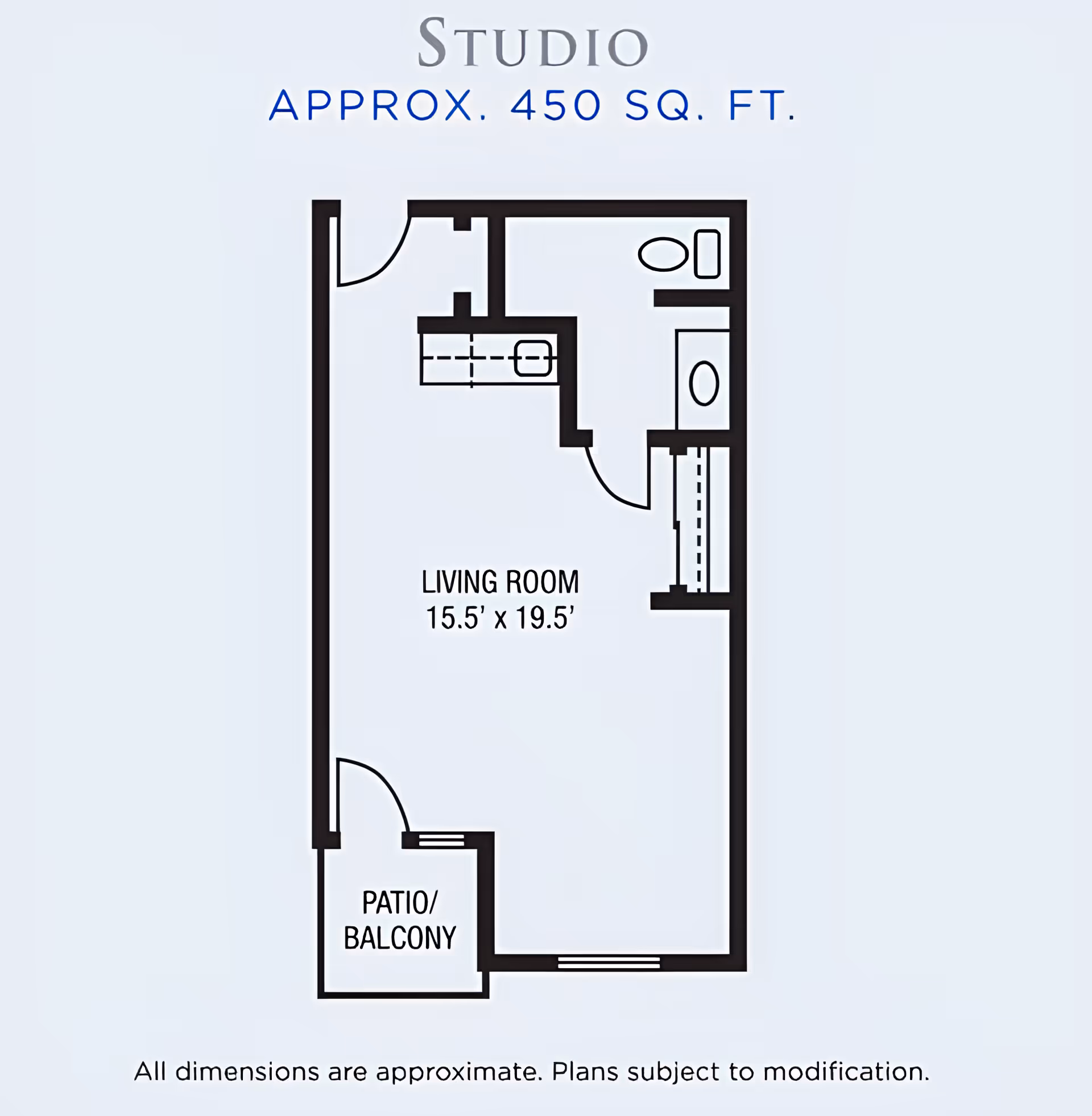 Black-and-white floor plan for a studio apartment (approx. 450 sq. ft.) showing a living room, kitchenette, bathroom, and patio/balcony.
