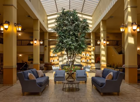 A spacious indoor atrium with a large skylight ceiling allowing natural light to fill the area. In the center, there is a tall leafy tree surrounded by a circular planter with flowers. Around the planter, there are comfortable seating arrangements including two blue sofas and four blue armchairs with cushions. The atrium features tall columns with wall-mounted lantern-style lights, and a second-floor balcony runs along the perimeter.