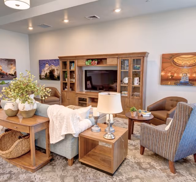 Cozy common living room with a sofa, armchairs, a wooden TV console, side tables, lamps, and decorative plants.