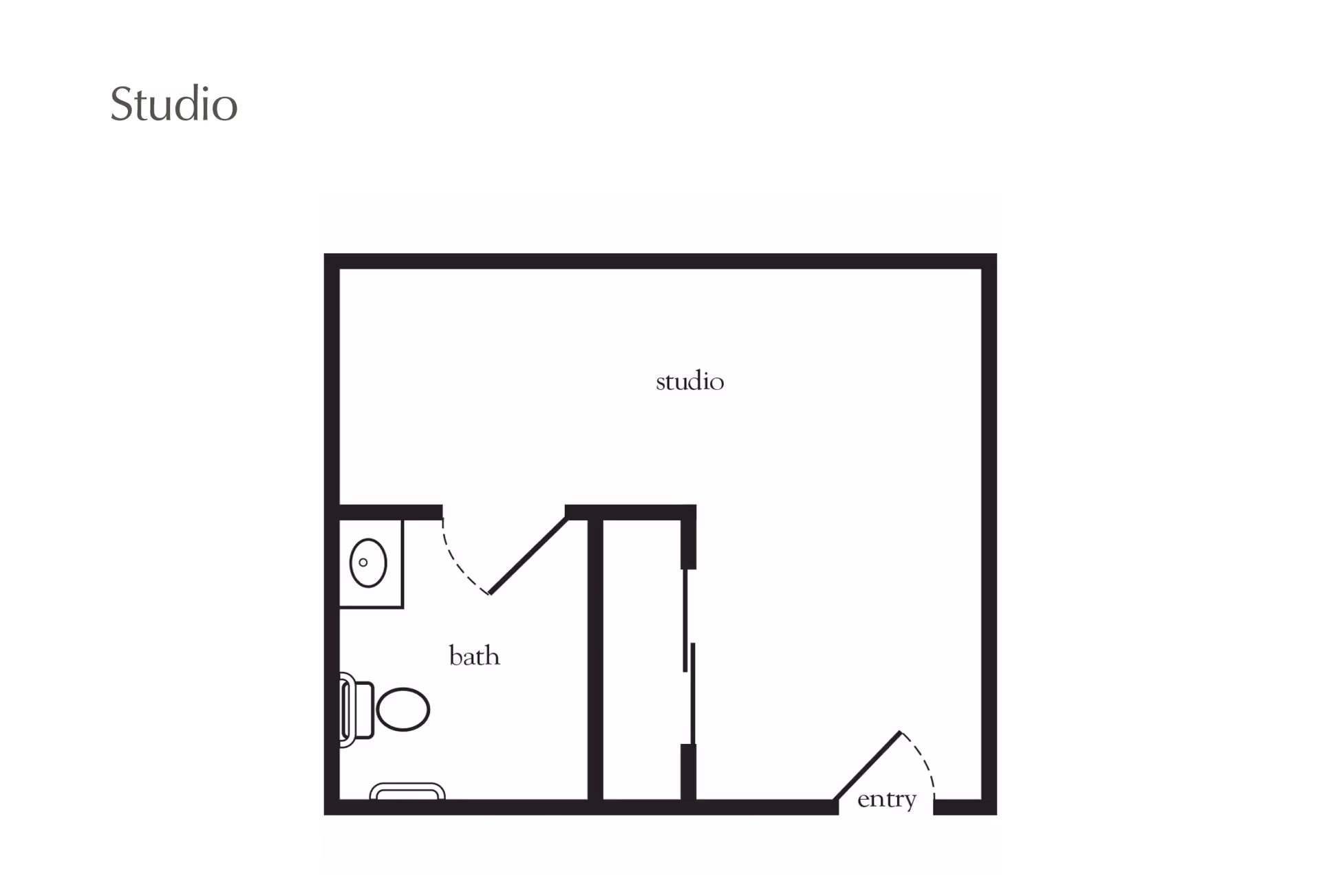 Floor plan of a studio apartment showing an entry door leading into a studio room with an adjacent bathroom containing a toilet and sink.