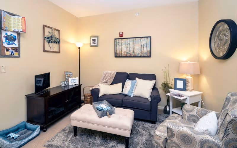 Cozy living room with a dark blue loveseat adorned with several pillows, a beige tufted ottoman in front, a patterned armchair with a white pillow, a dark wooden TV stand with a small TV and picture frames, a tall floor lamp, a small white side table with a lamp and decorative items, wall art including a large round clock and framed pictures, and a pet bed on the floor.