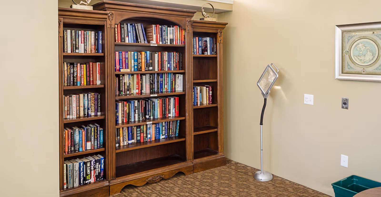 A room corner featuring a large wooden bookshelf filled with books, a standing magnifying lamp, a framed map on the wall, and a green plastic bin on the floor.
