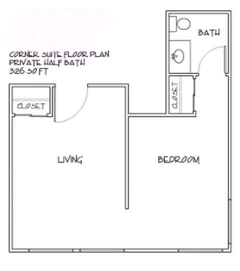 Floor plan of a corner suite with a private half bath, showing a living area, bedroom, two closets, and a bathroom with a toilet and sink. The total area is 326 square feet.