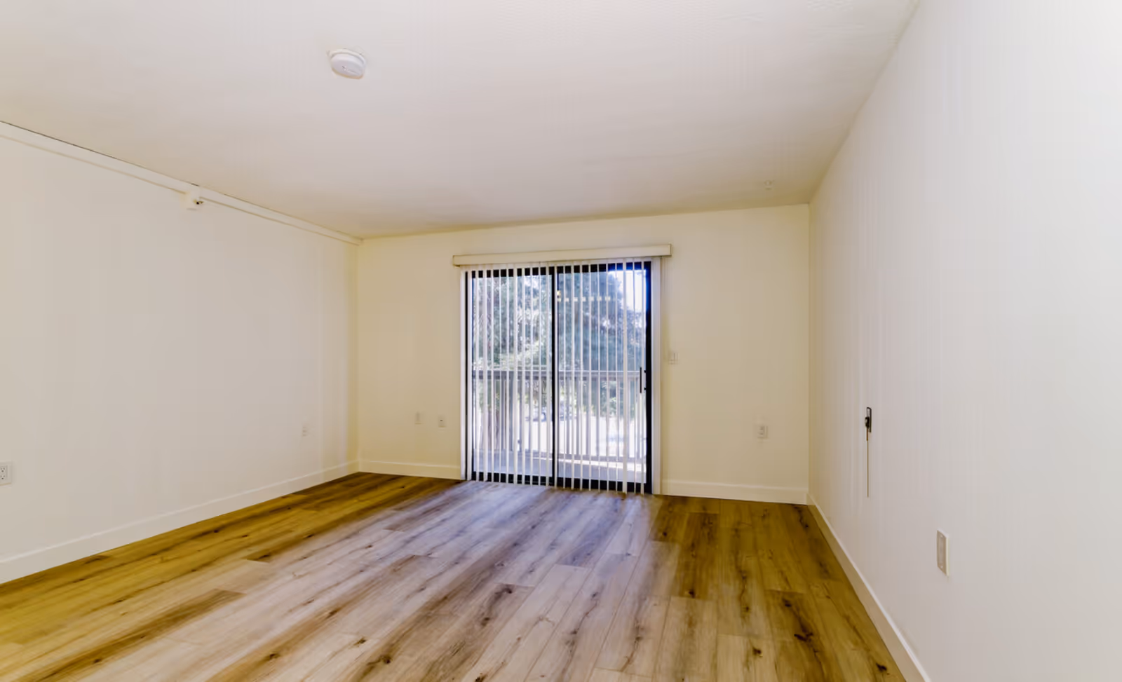 Empty room with light-colored walls and wood flooring, featuring a sliding glass door with vertical blinds leading to an outdoor area with trees visible outside.