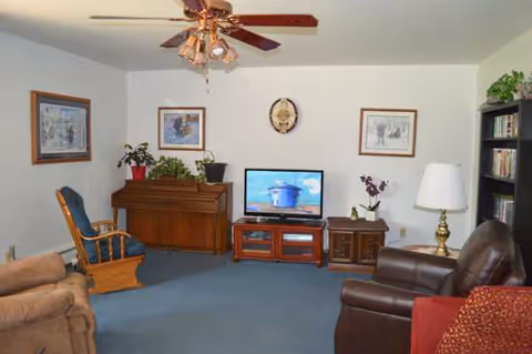 Cozy living room with blue carpet, seating, TV, ceiling fan, and plants.