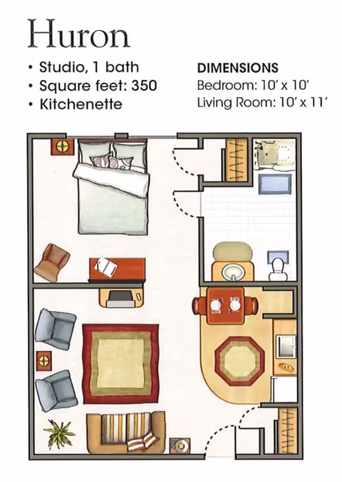 Floor plan of a studio apartment named Huron with 1 bathroom and a kitchenette. The layout includes a bedroom area with a bed and chair, a living room area with two chairs, a sofa, and a rug, a dining area with a table and two chairs, a kitchenette with appliances, and a bathroom with a sink, toilet, and bathtub. Dimensions are 10 feet by 10 feet for the bedroom and 10 feet by 11 feet for the living room.