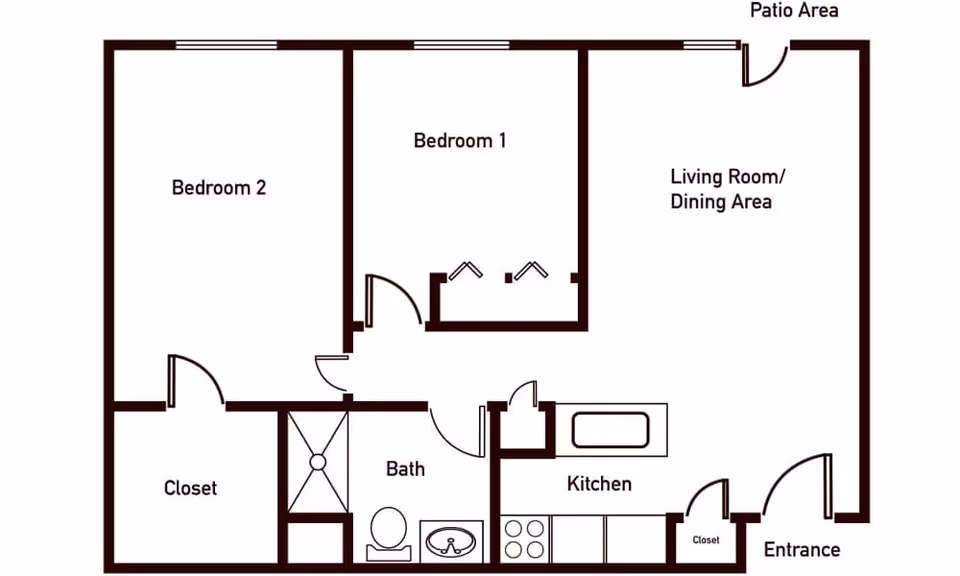 Floor plan layout of a residential unit at Brookstone Estates of Charleston showing two bedrooms, one bathroom, a kitchen, a living room/dining area, closets, an entrance, and a patio area.