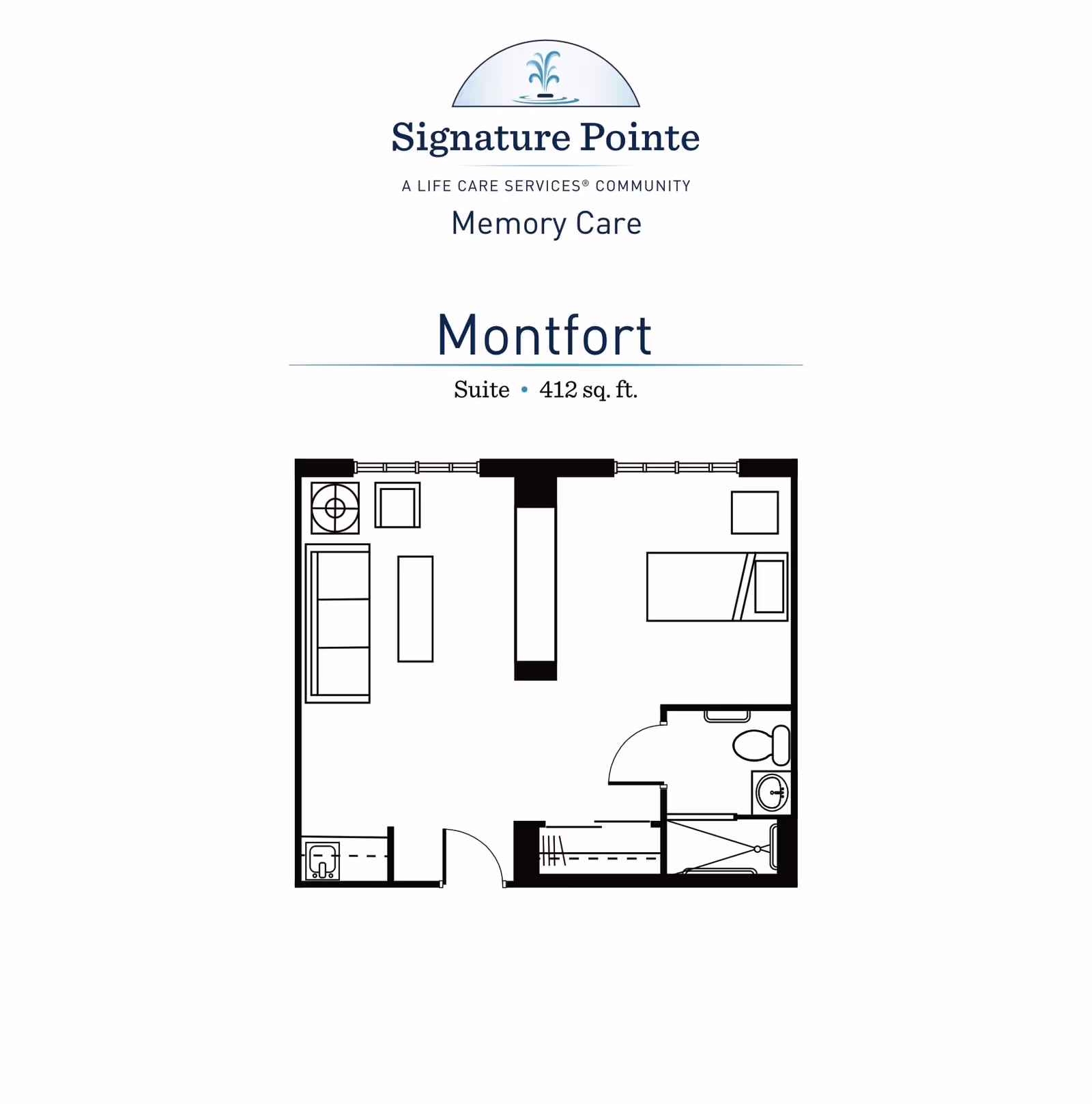 Floor plan layout of the Montfort suite at Signature Pointe Memory Care, showing a 412 square foot space with a living area, bedroom, bathroom, and small kitchenette.