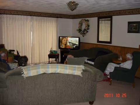 A living room with sofas, an armchair, a television and several seated people watching TV.