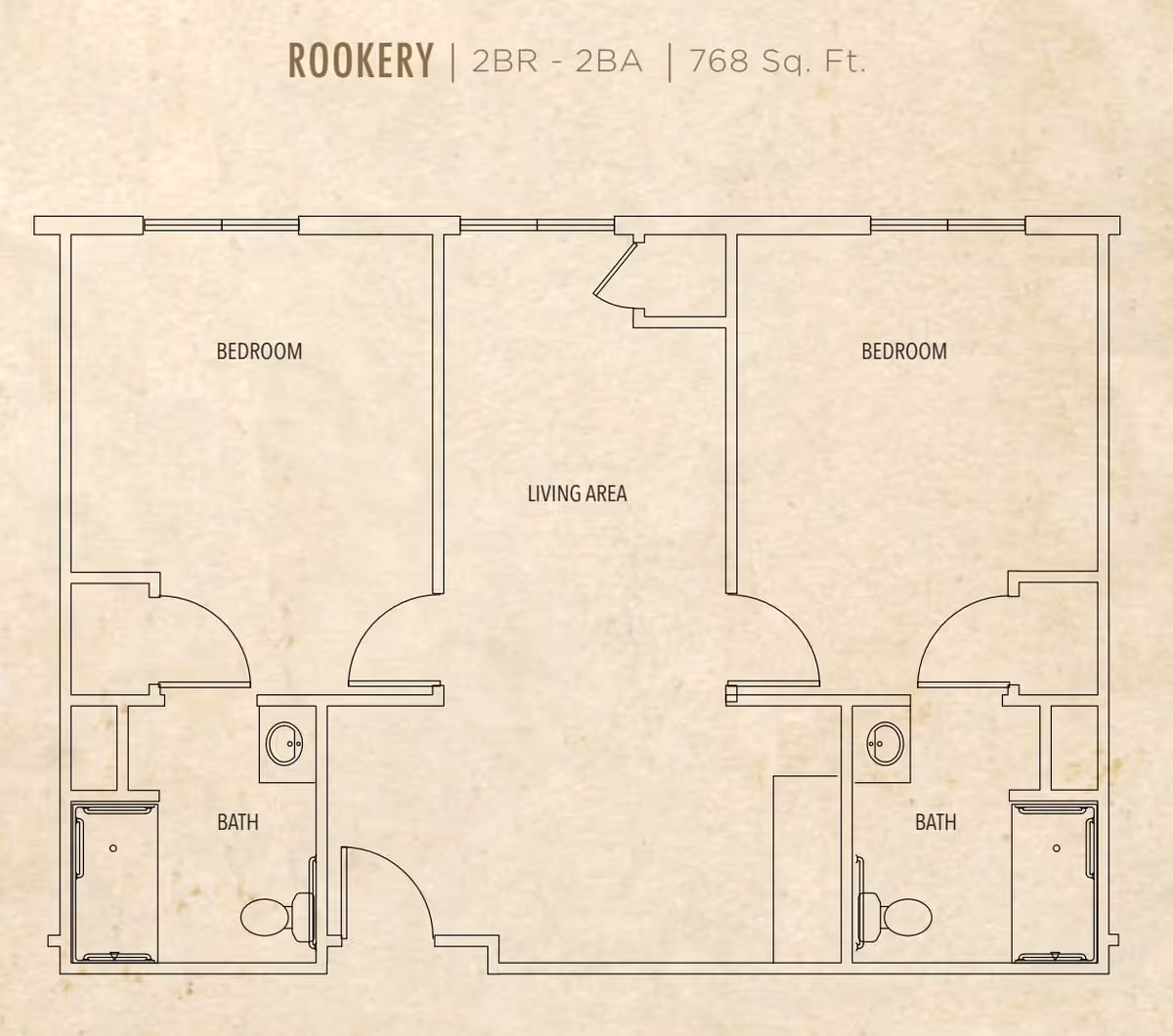 Floor plan labeled 'Rookery' showing a 2-bedroom, 2-bath 768 sq. ft. layout with a central living area.